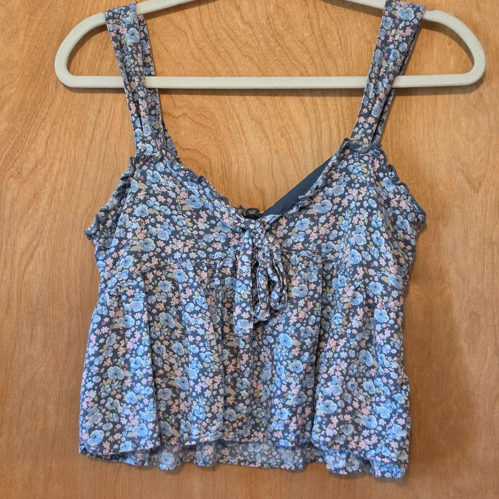 American Eagle Blue Pink Floral Tie Front Babydoll Cami Blouse Small Smocked
